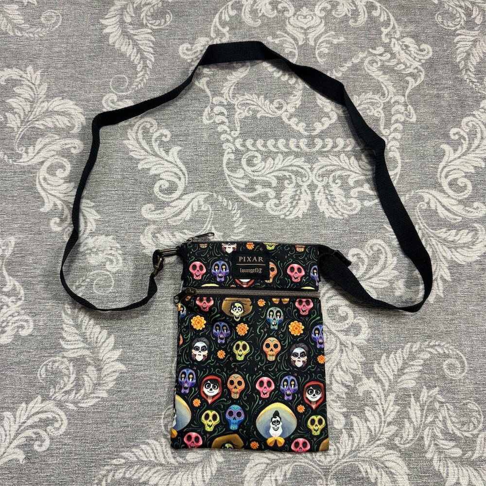 Loungefly Pixar Coco Crossbody Bag Womens Small Black Sugar Skull Floral